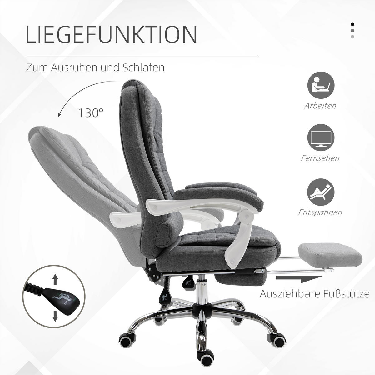 BÜROSTUHL höhenverstellbarer Schreibtischstuhl mit Fußstütze, Leinenoptik Grau - Grau, Metall (70/118/65cm) - Vinsetto