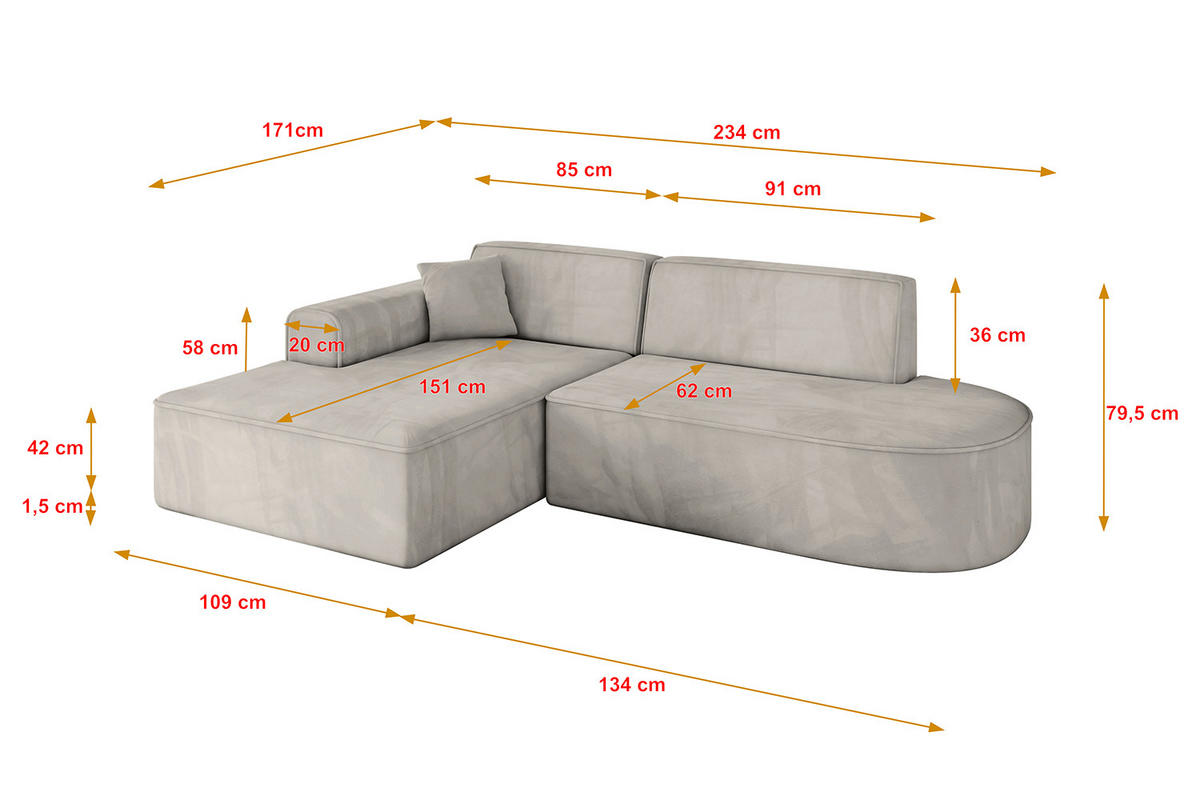ECKSOFA Ottomane Links IREA-L1-v3 - 234x171x79 cm Hellbraun - Hellbraun, Holzwerkstoff/Textil (234/171cm) - ALTDECOR