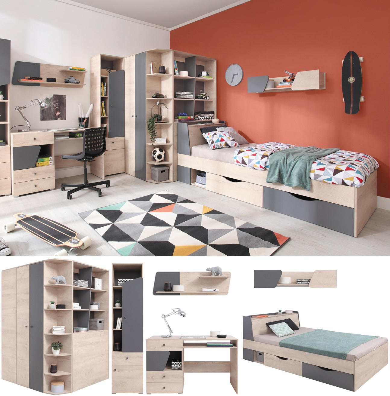 JUGENDZIMMER Davis Set C mit Bett 120 x 200 - Eiche Anthrazit - Eichefarben/Anthrazit, Holzwerkstoff (135/190/135cm) - QMM TraumMöbel