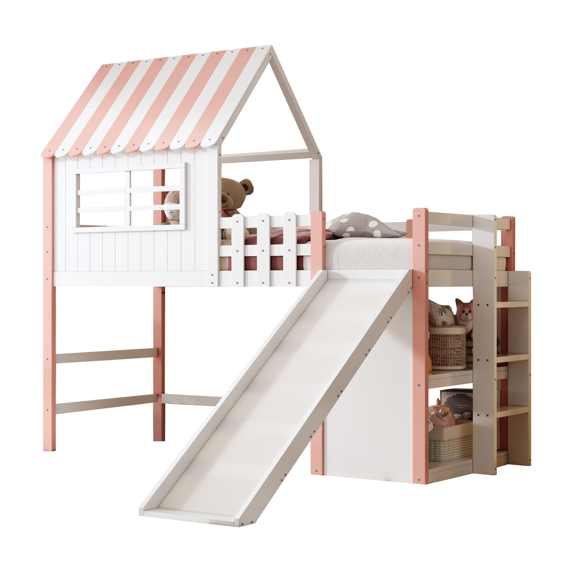 HOCHBETT 90/200 cm rosa Dachboden-Design mit Rutsche und Staufächern - Rosa, Holz (90/200cm) - OKWISH