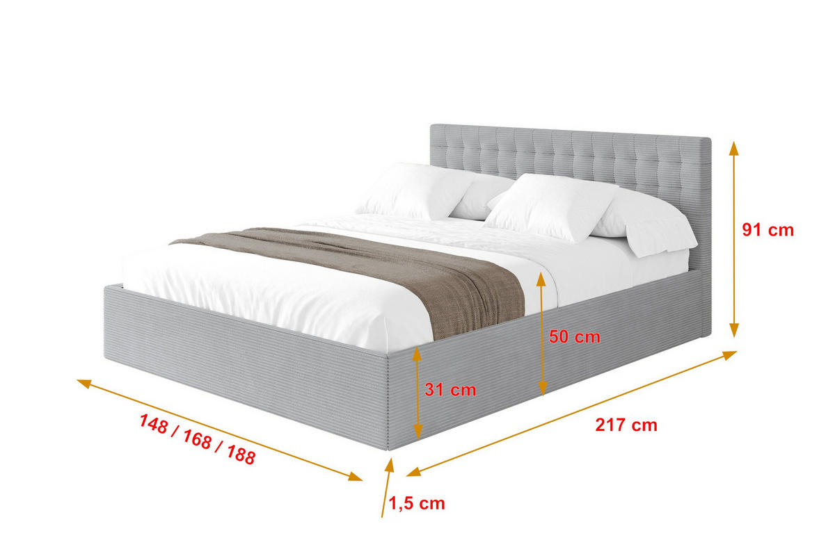 POLSTERBETT mit Bettkasten und Lattenrost, Boxbett ohne Matratze - PARI 180x200 Grau - Alufarben, Holzwerkstoff/Textil (180/200cm) - ALTDECOR