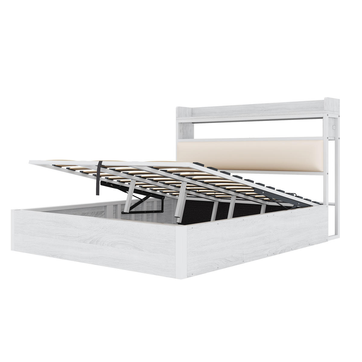 STAURRAUMBETT 180/200 cm DE-02023, in Weiß, mit hydraulischem Hub und USB - Weiß, Metall (180/200cm) - ComfortXL