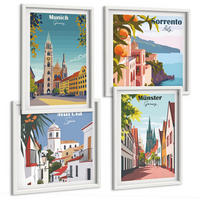 BILDER SET 4er Set - 50x50 cm & 40x60 cm Weißer Rahmen - Europäische Städte in farbigen Illustrationen - Weiß, Kunststoff (50/50cm) - TULUP