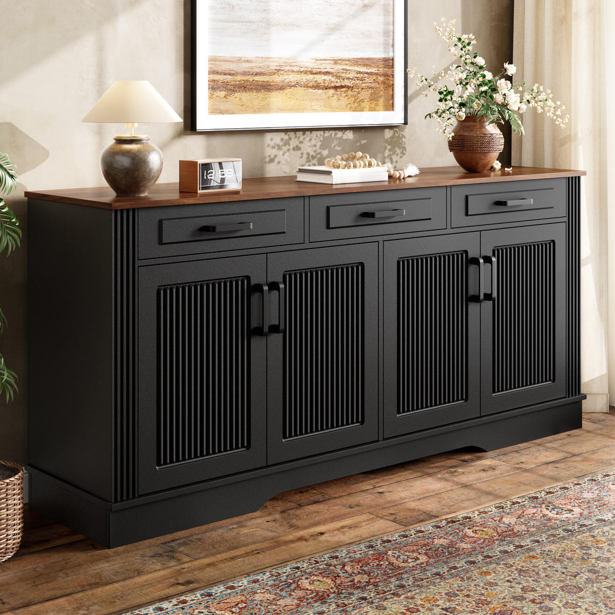 SIDEBOARD 3D Streifen MDF 3 Schubladen 4 Türen Modern Weiß - Schwarz, Holzwerkstoff (160/75/40cm) - FLIEKS