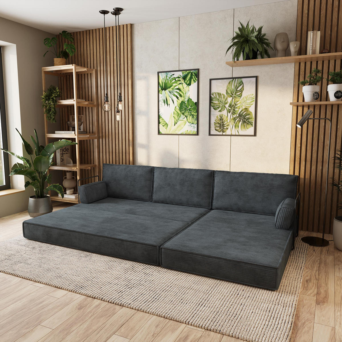 ECKSOFA ANKO modulares Boneless Sofa mit Schlaffunktion Grau Kordstoff - Dunkelgrau, Textil (270/160cm) - MASSENO