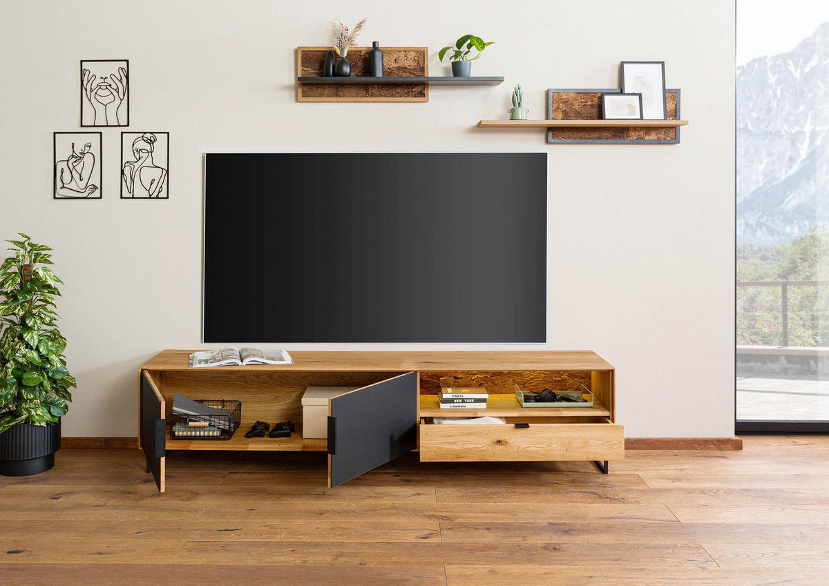 LOWBOARD Wildeiche mit Glastür 220x43x51 natur geölt LINDAU #126 - Schwarz/Naturfarben, Holz (220/51/43cm) - Massivmoebel24