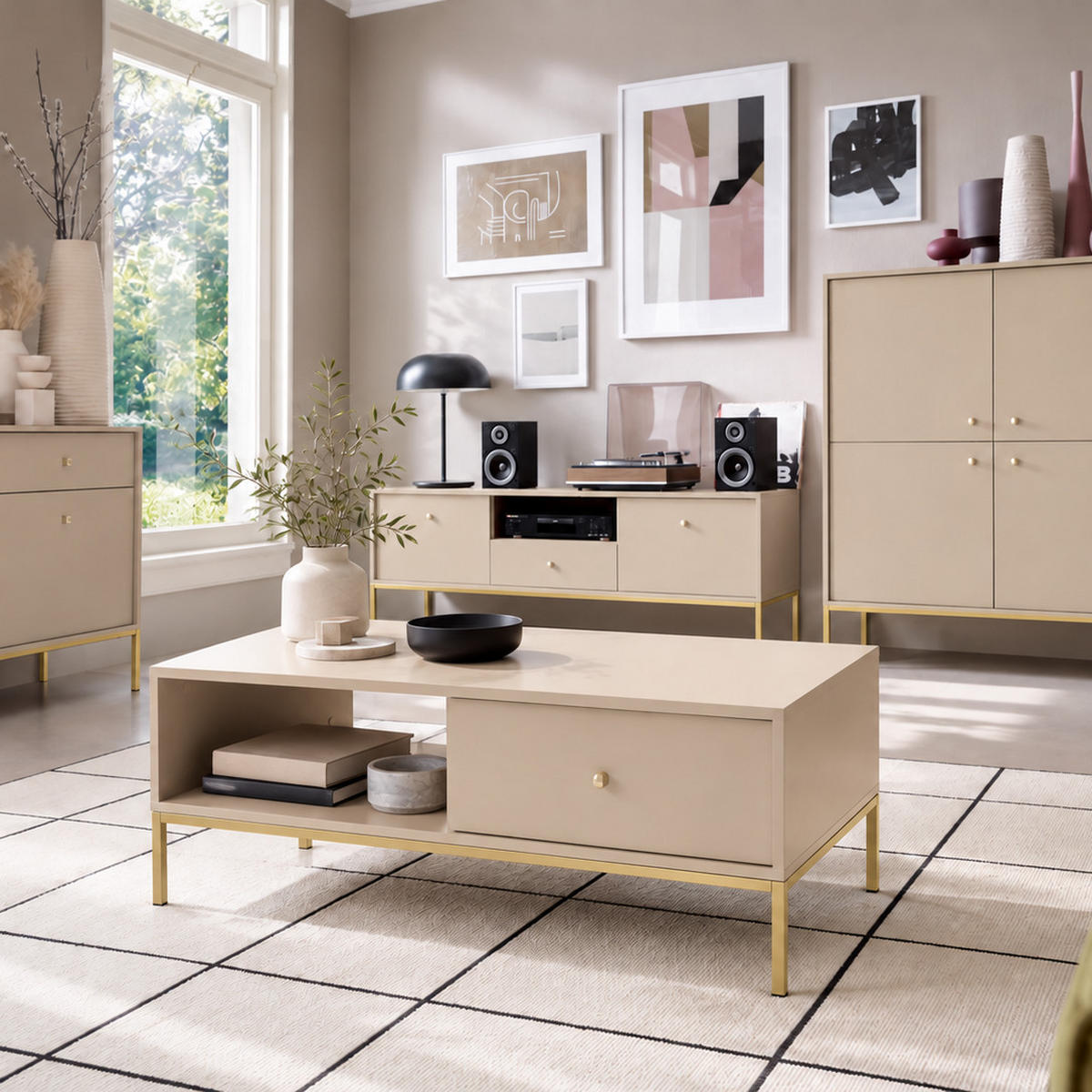 COUCHTISCH BARI Ł2SZ (Beige, Goldene Griffe, Goldenes Gestell, Schubladen) - Beige/Goldfarben, Holz/Holzwerkstoff (68/104/46cm) - Ravio