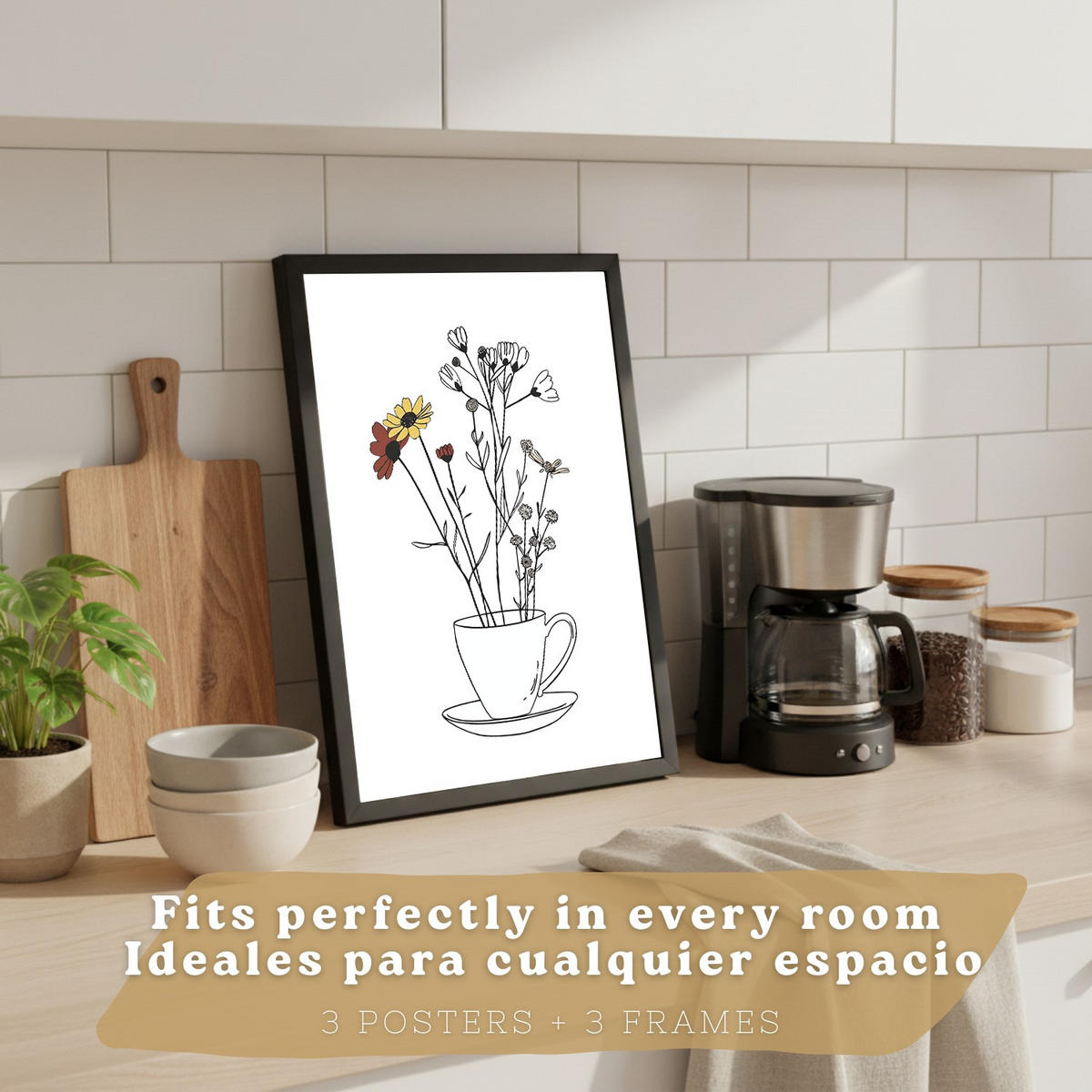 PLAKAT Sada 3 Kávovar a šálky A3 Černý rám - černá, papír (29.7/1/42cm) - Nacnic