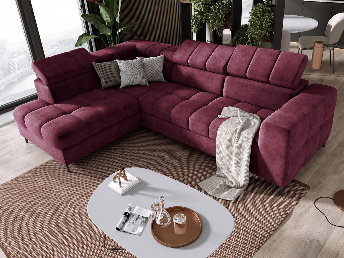 ECKSOFA PABLO CLOUD L‑förmig mit Bett, Bettkasten, verstellbaren Kopfstützen, weichen Metallfüßen, freistehend, LINKS, 201x270x97 cm Bordeaux - Bordeaux, Holz/Textil (201/270cm) - DomoHome