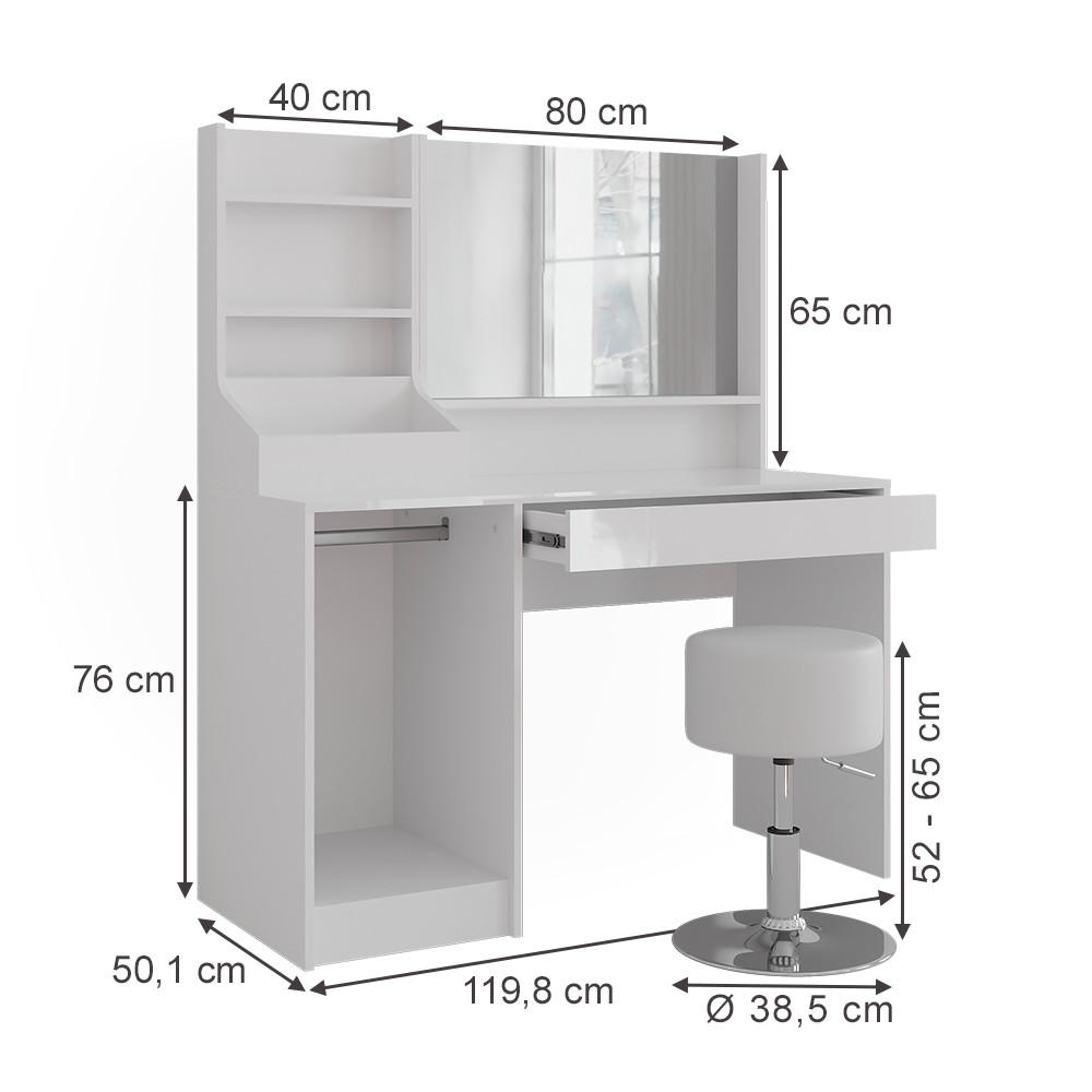 SCHMINKTISCH Sherry Weiß/Weiß Hochglanz 119.8 cm 4 Teile - Weiß Hochglanz, Holzwerkstoff (119.8/76/50.1cm) - Vicco