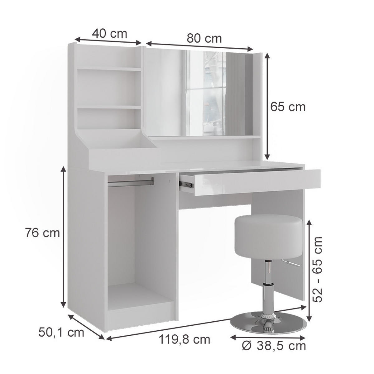SCHMINKTISCH Sherry Weiß/Weiß Hochglanz 119.8 cm 4 Teile - Weiß Hochglanz, Holzwerkstoff (119.8/76/50.1cm) - Vicco