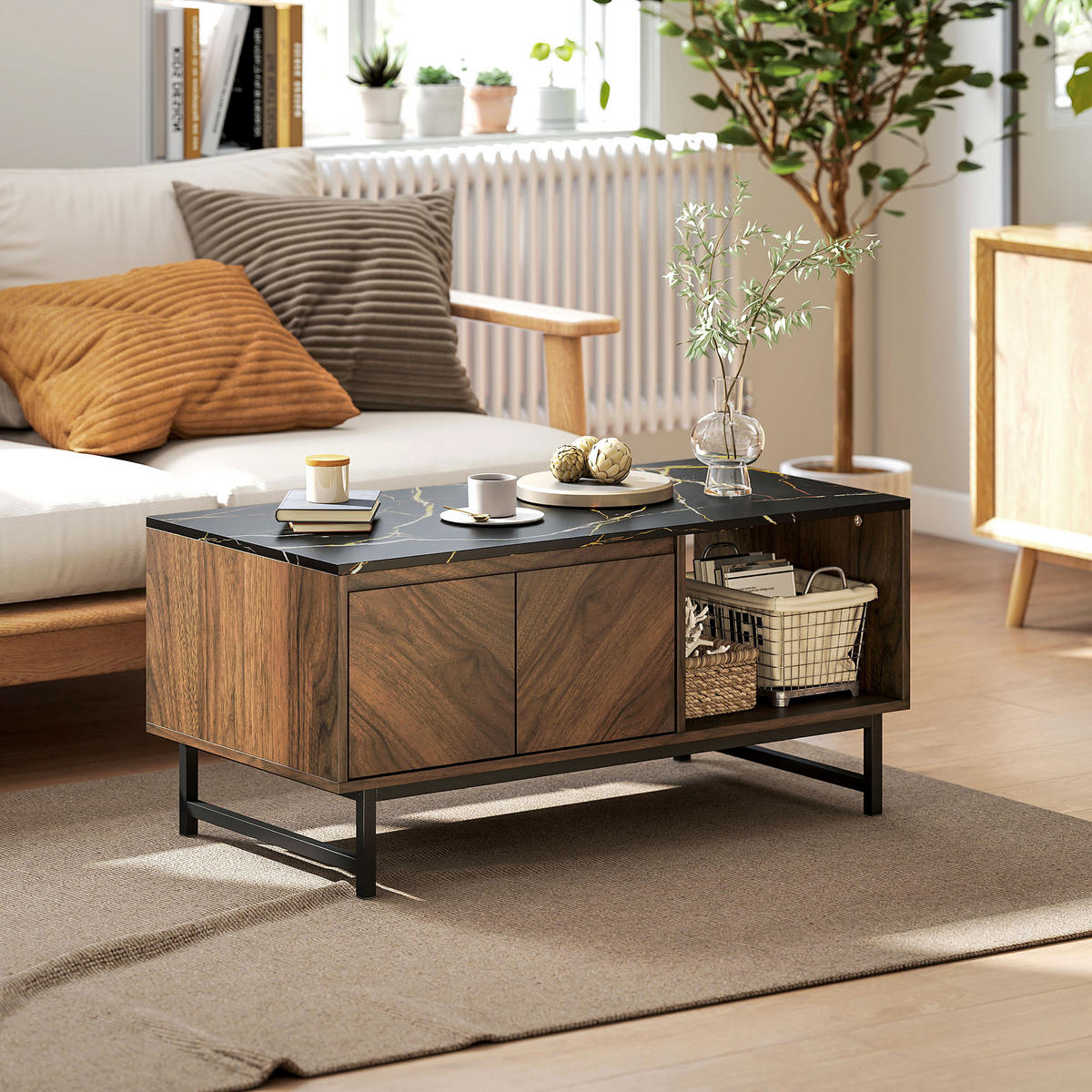 COUCHTISCH DE-15801 mit 2 Türen & 2 offenen Fächern Nussbaum - Walnussfarben, Holzwerkstoff (100/50.8/45.7cm) - ComfortXL