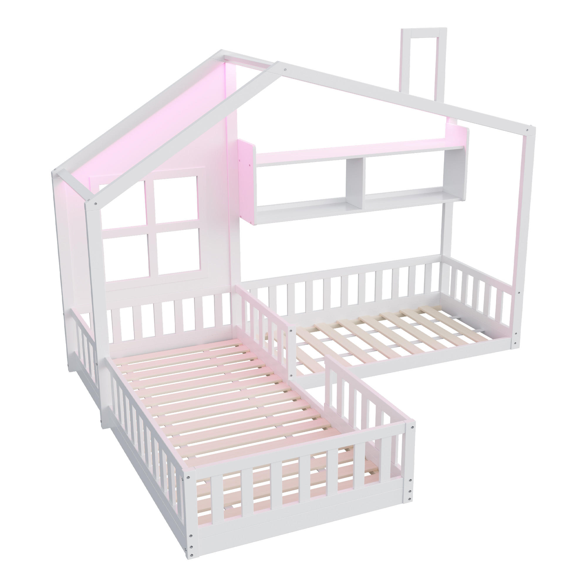 KINDERBETT 90/200 cm DE-01547, in Weiß, mit LED, Regalen und Sicherheitsgitter - Weiß, Holz (90/200cm) - ComfortXL