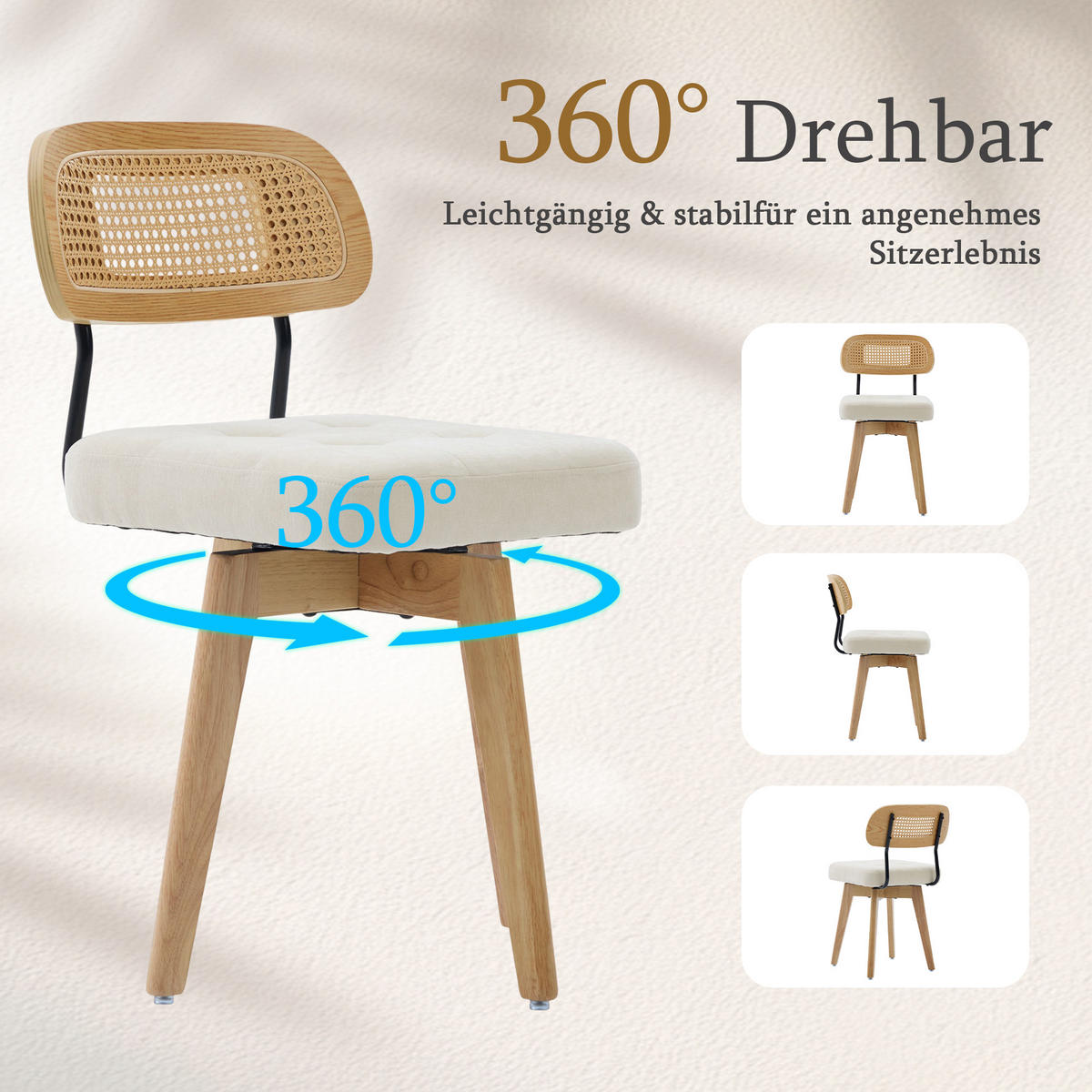 ESSZIMMERSTUHL 2er Set 360° drehbar, Wiener Geflecht, Chenille, Massivholz, Beige - Eichefarben/Beige, Holz/Textil (43/77/50cm) - LVHOM