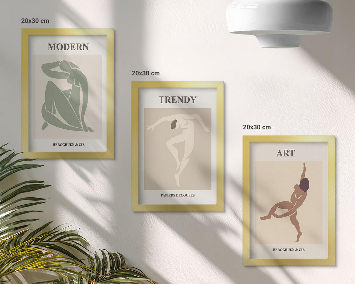 WANDBILDER 3er Set - 20x30 cm Goldrahmen - Stilvolle Charaktere im Minimalismus - Goldfarben, Kunststoff (20/30cm) - ArtPrintCave
