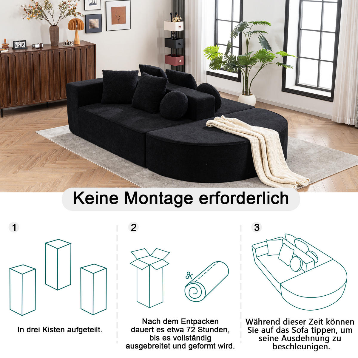 WOHNLANDSCHAFT Chenille Schwarz mit Kissen - Schwarz, Textil (263/66/171cm) - WISHDOR