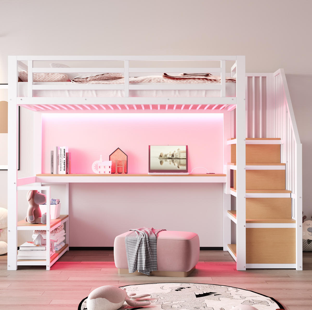 HOCHBETT 90/200 cm mit LED-Lichtleiste, Steckdose, Regalen, Tisch und Aufbewahrungsleiter, Weiß - Weiß, Holzwerkstoff (90/200cm) - Redom