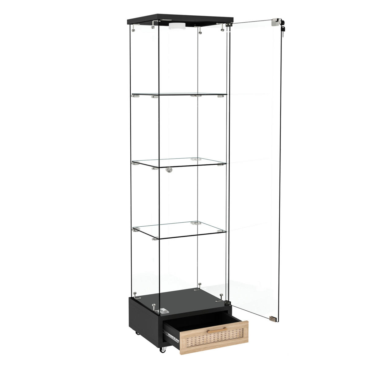 VITRINE aus MDF und Glas 36,5x42,5x167 cm Schwarz mit LED-Beleuchtung, Rollen und abschließbarem Stauraum - Schwarz, Holzwerkstoff (42.5/167/36.5cm) - Modfu
