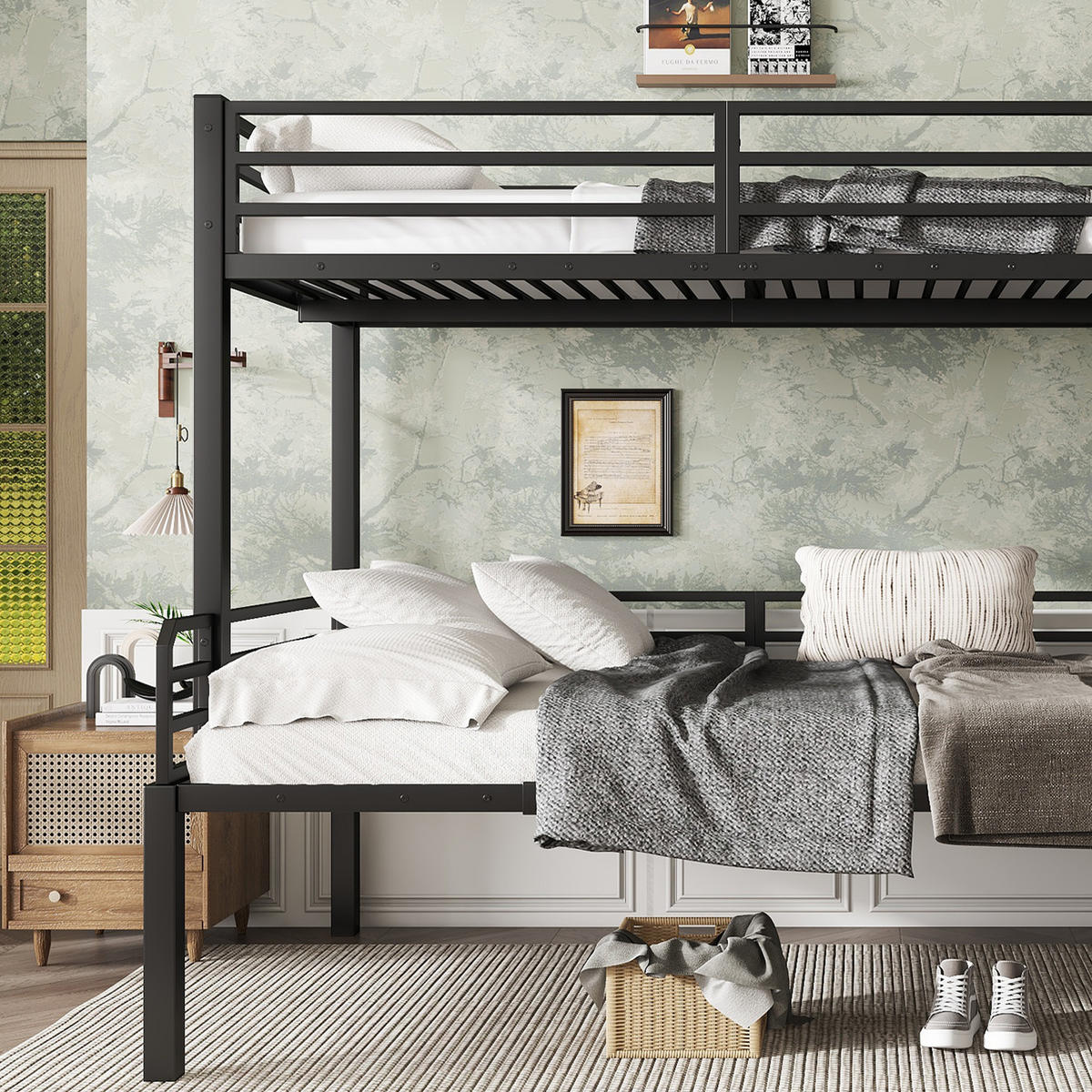 ETAGENBETT 90/200 cm & 120/200 cm in Schwarz & Vintage-Holzfarbe mit Eckleiter und Stauraum - Schwarz, Metall (90/200cm) - CHICFURN