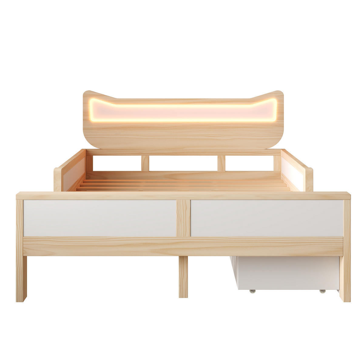 KINDERBETT 140/200 cm mit RGB-LED, Katzenkopfteil, Schublade, Staufach und Schutzgitter, Weiß/Eiche - Weiß, Holzwerkstoff (140/200cm) - Redom