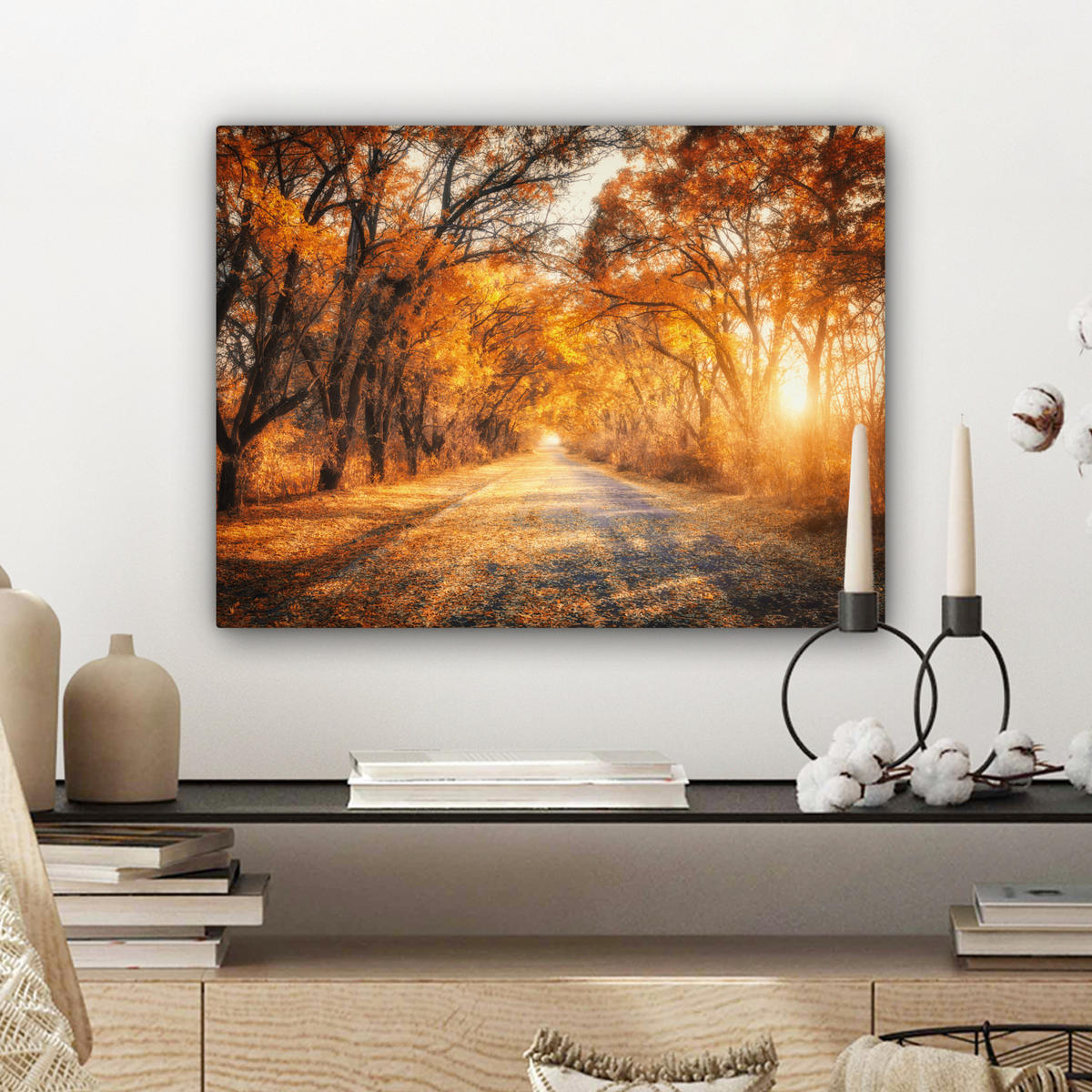 LEINWANDBILD Wald - Herbst - Bäume - Waldweg - Natur Wandbild 40x30 cm - Bernsteinfarben, Textil (40/30cm) - MuchoWow