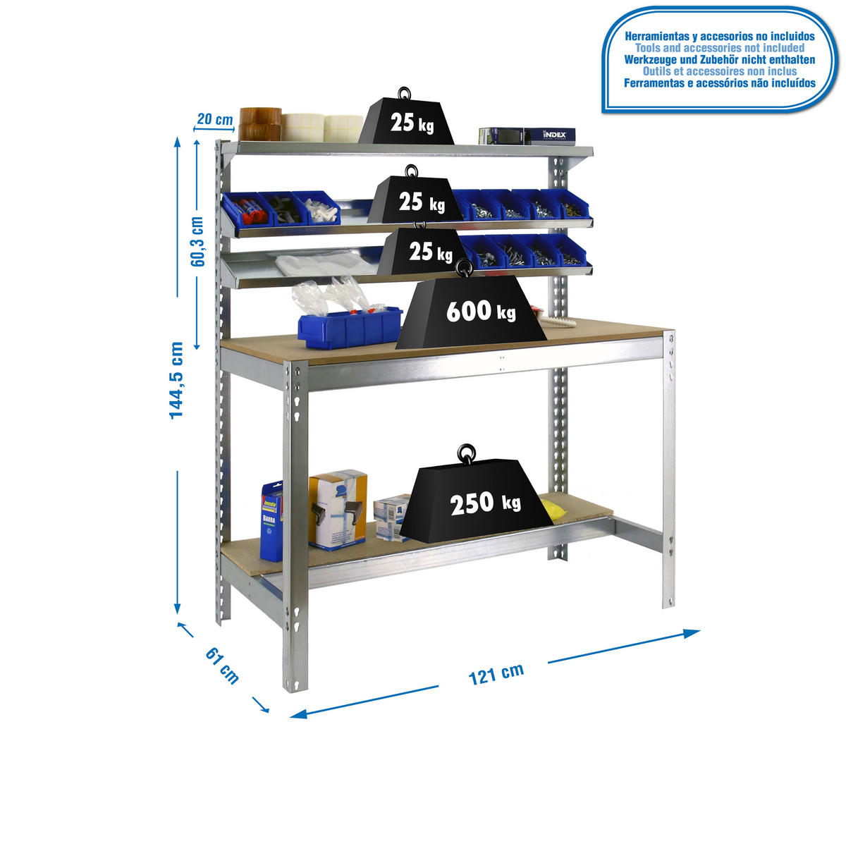 WERKBANK BUFFALO mit Frontablage | HxBxT 84x120x61cm | Traglast 600kg | Verzinkt - Silberfarben, Metall (120/84/61cm) - PROREGAL