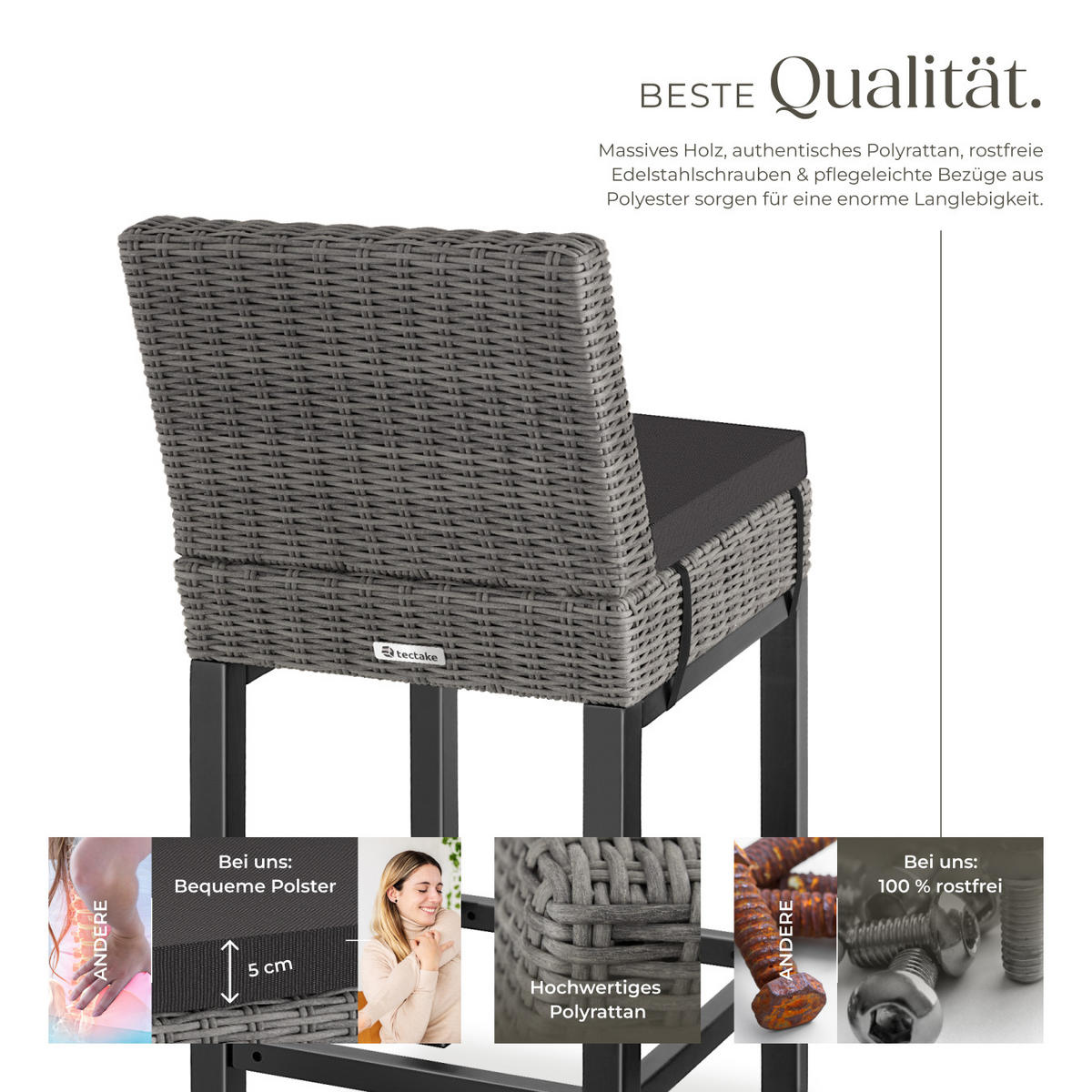 RATTAN-BARSTUHL Latina,inklusive Sitzpolster, 45 x 62,5 x 99 cm,grau - Grau, Kunststoff (45/99/62.5cm) - tectake