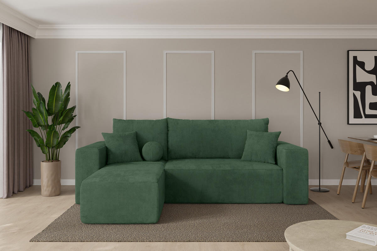 ROHOVÁ SEDAČKA s funkcí spaní, otoman vlevo SENO-L 249x139x85 zelená manšestr - černá/tmavě zelená, kompozitní dřevo/textil (249/139cm) - ALTDECOR