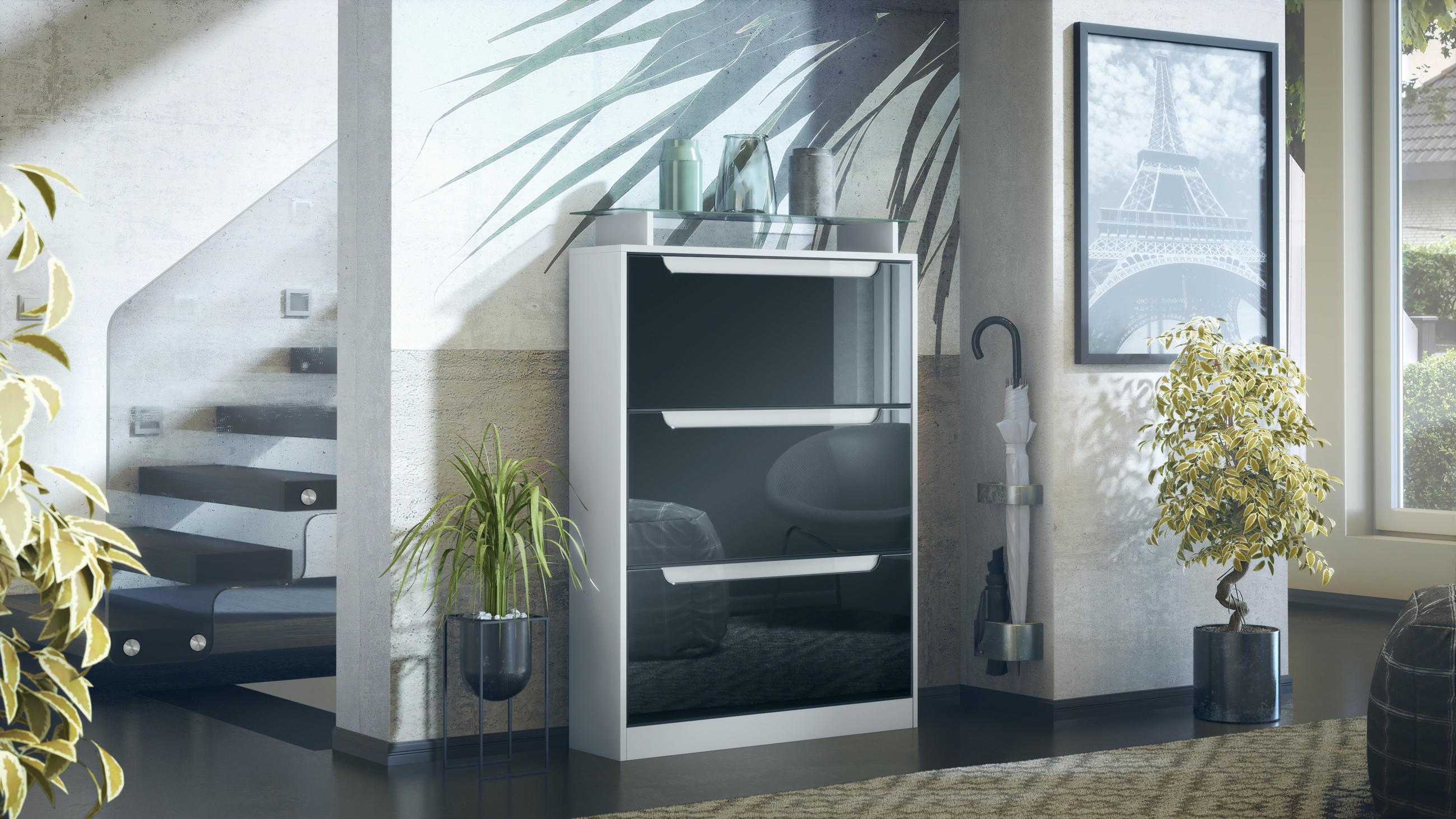 SCHUHSCHRANK Space Schwarz Hochglanz / Weiß Hochglanz - Schwarz Hochglanz, Holzwerkstoff (89/128/23cm) - Vladon