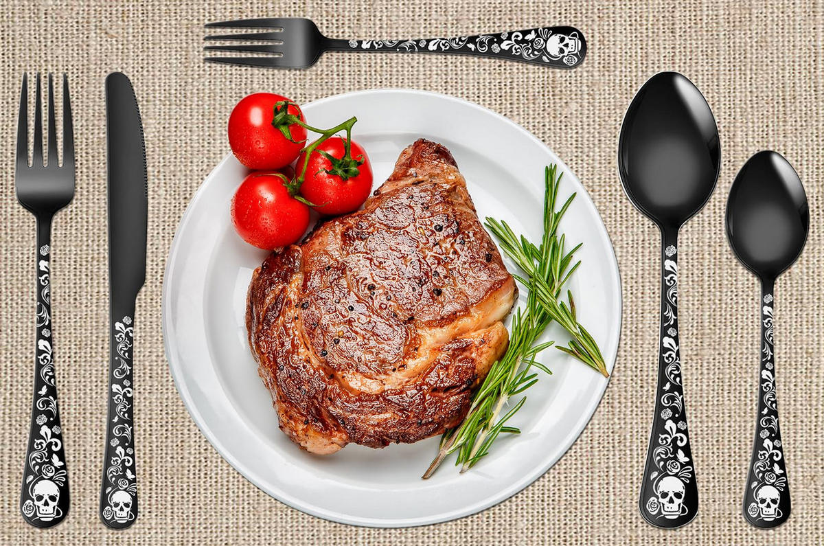 BESTECKSET mit Totenkopfmuster für 4 Personen, 20-teiliges Edelstahl - Schwarz, Metall - Kaket