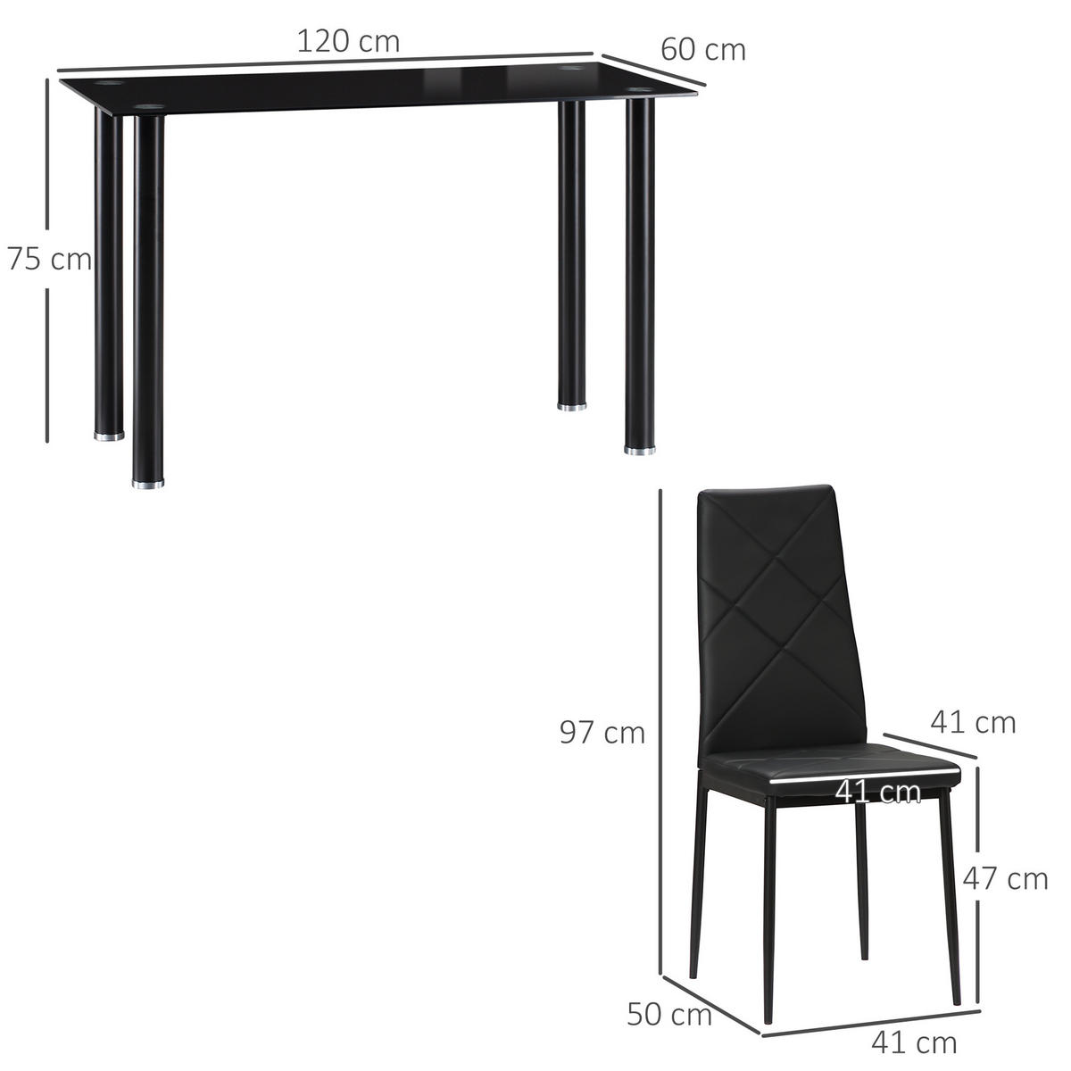 ESSGRUPPE mit 4 Stühlen, Tischplatte aus gehärtetem Glas, Stahlbeine, für Küche oder Wohnzimmer, schwarz - Brombeere, Metall (120/75/60cm)