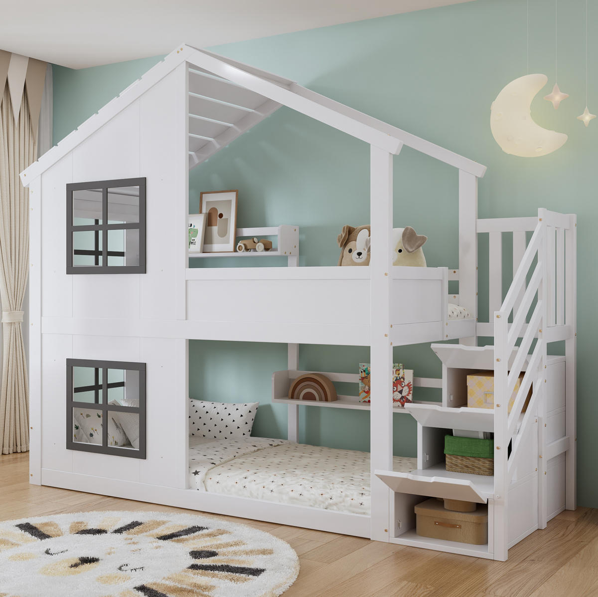 ETAGENBETT aus Kiefer und MDF 90x200 cm Weiß/Grau mit Treppenaufbewahrung, Fenstern und Dach - Weiß, Holz (90/200cm) - Modfu