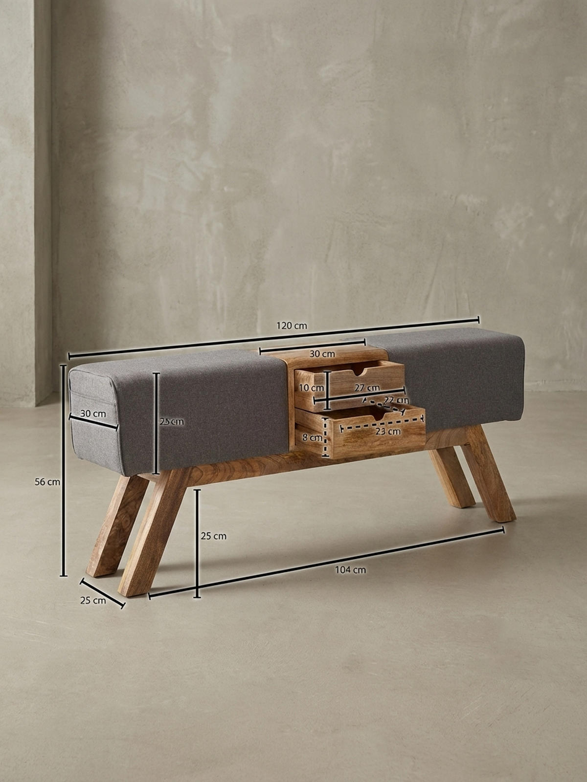 SITZBANK Massivholz Stoffbezug mit 2 Schubladen, Grau 120x30x56 cm - Braun/Grau, Mangoholz/Textil (120/56/30cm) - KADIMA DESIGN
