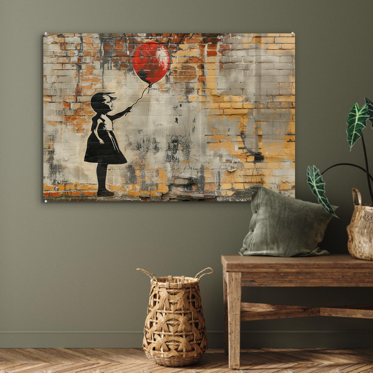 ACRYLGLASBILD Graffiti - Banksy - Mädchen - Straßenkunst 90x60 cm - Sandfarben, Glas (90/60cm) - MuchoWow