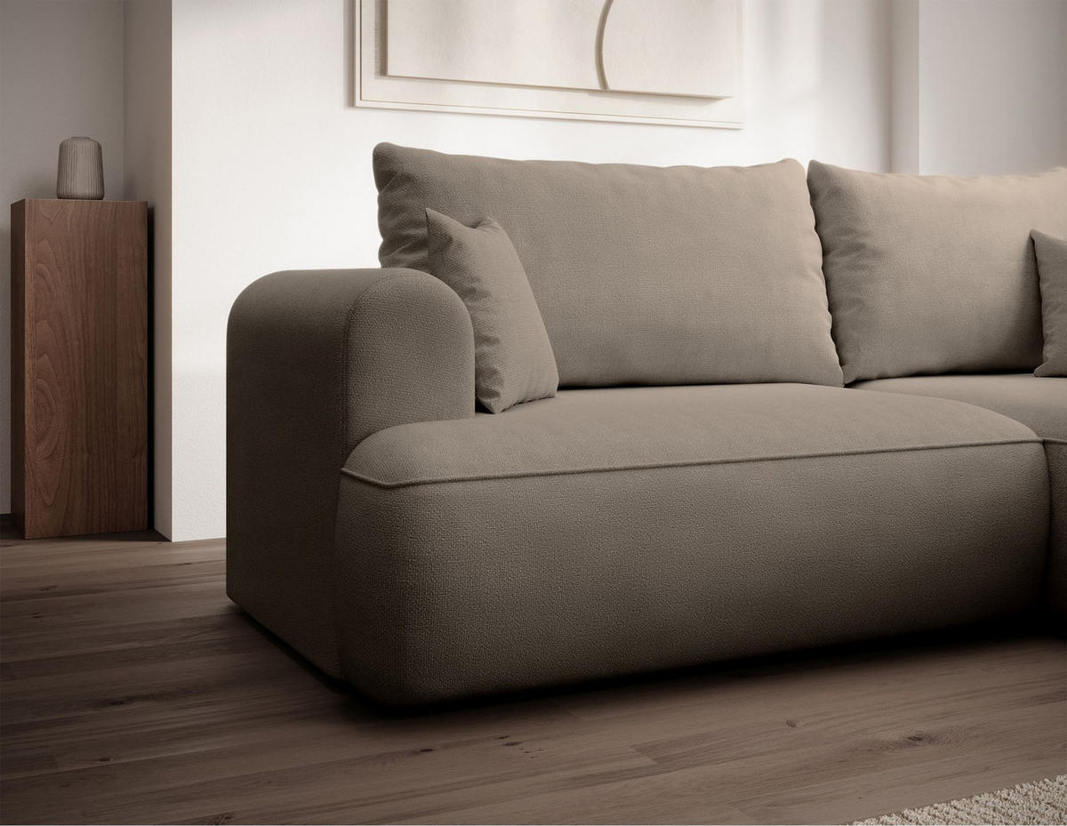 ECKSCHLAFSOFA Ovo Mini Greige Easy-Clean-Chenille-Bezug - Taupe/Schwarz, Kunststoff/Textil (238/156cm) - Selsey