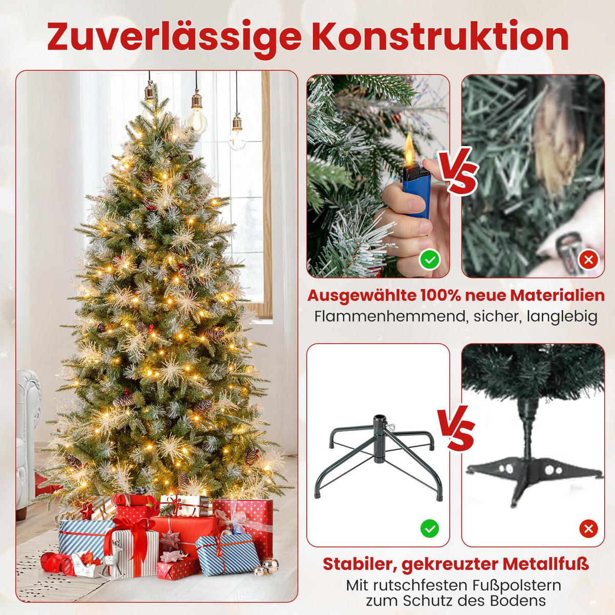WEIHNACHTSBAUM mit 270 warmweißen LED-Lichtern 8 Lichtmodi 180 cm grün - Grün, Metall (180cm) - COSTWAY