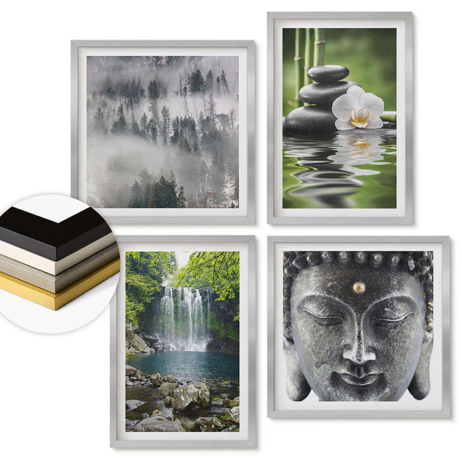 WANDBILDER 4er Set - 50x50 cm & 40x60 cm Silberner Rahmen - Harmonie der Natur, Steine, Wasser, Buddha - Silberfarben, Kunststoff (50/50cm) - ArtPrintCave