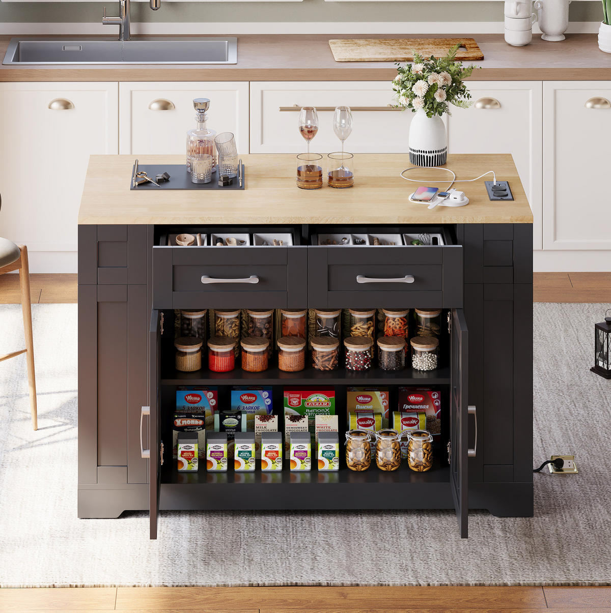 KÜCHENINSEL 120/40(65)/92 cm mit Klapptisch, Steckdosen, USB-Anschlüssen und Rollen, Schwarz/Natur - Schwarz, Holzwerkstoff (120/92/65cm) - Redom