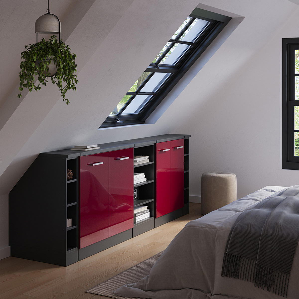 DACHSCHRÄGENSCHRANK-SET Rion Rot Hochglanz 210 cm 5er Set Schrankkorpuss 60 cm Tiefe - Anthrazit/Rot, Holzwerkstoff (210/83.8/60cm) - Vicco