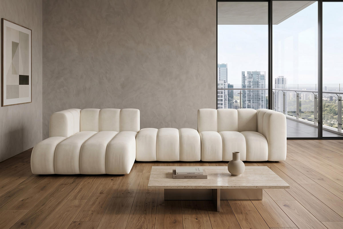 ECKSOFA Modulares In L-Form, Velvet-Stoff Riviera, Ecru, Links, GRAND 319 cm - Creme, Holz (319/175cm) - Kaiser Möbel