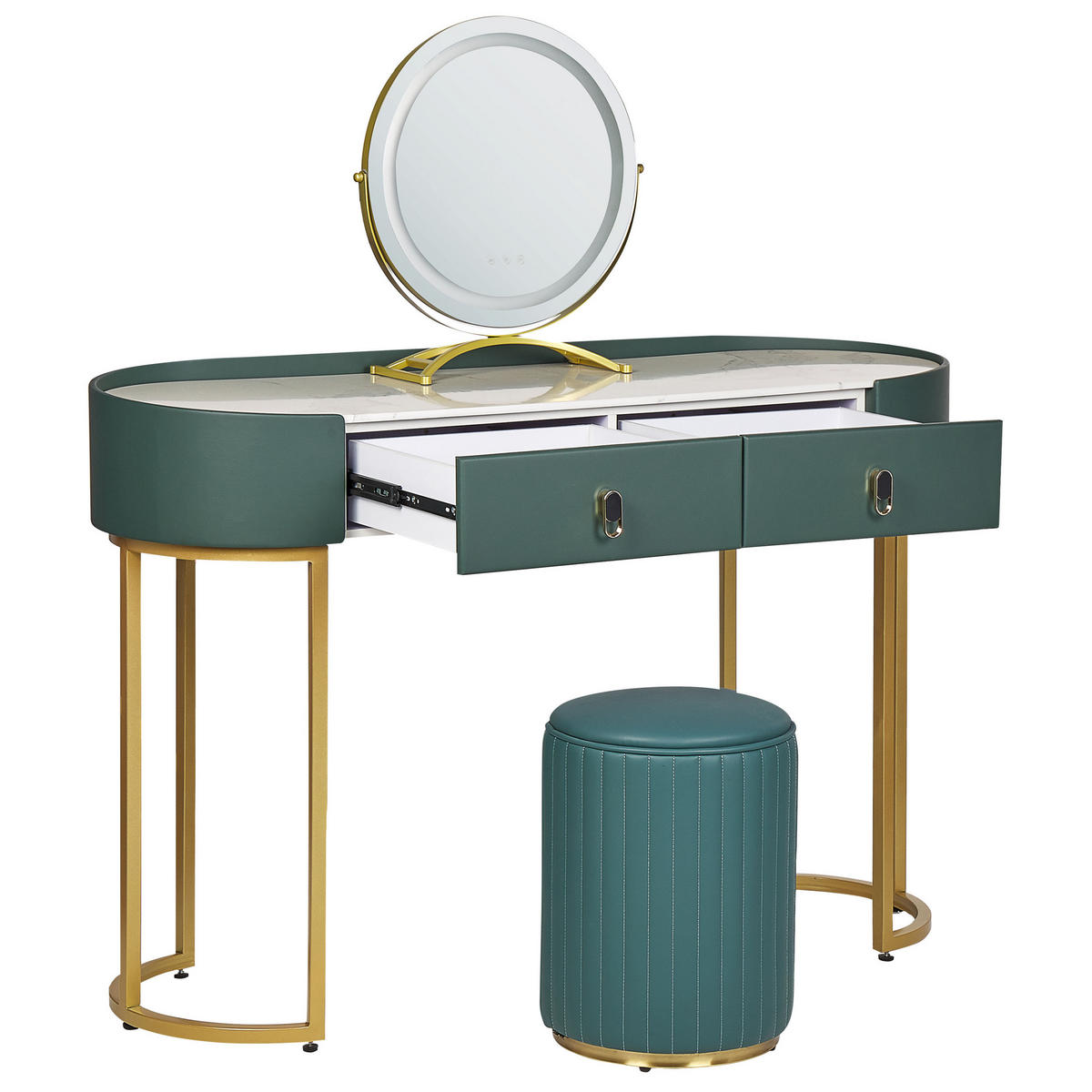 SCHMINKTISCH mit rundem LED-Spiegel Hocker 2 Schubladen dunkelgrün/gold Vinax - Goldfarben/Grün, Holzwerkstoff (118/125/39cm) - Beliani