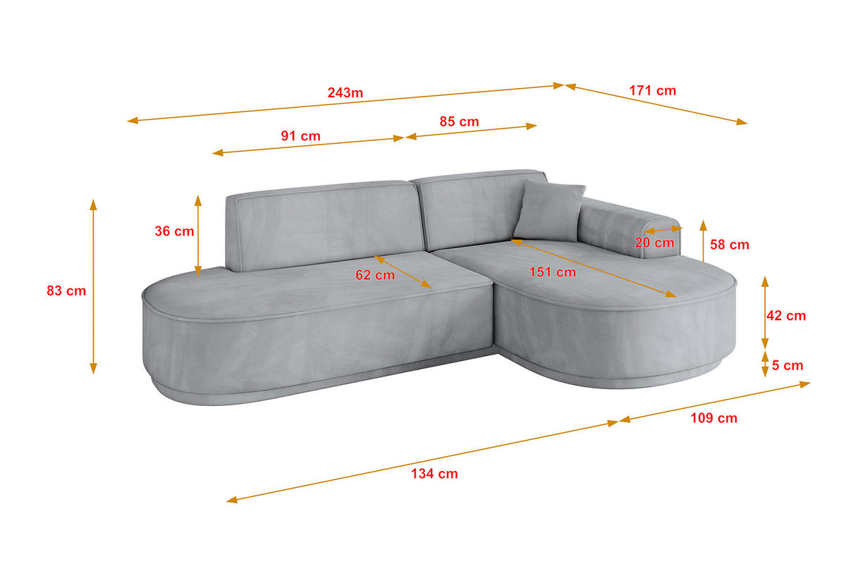 ECKSOFA Ottomane Rechts MARI-L1-v3 - 243x171x83 cm Grau Velours - Schwarz/Grau, Holzwerkstoff/Kunststoff (171/243cm) - ALTDECOR