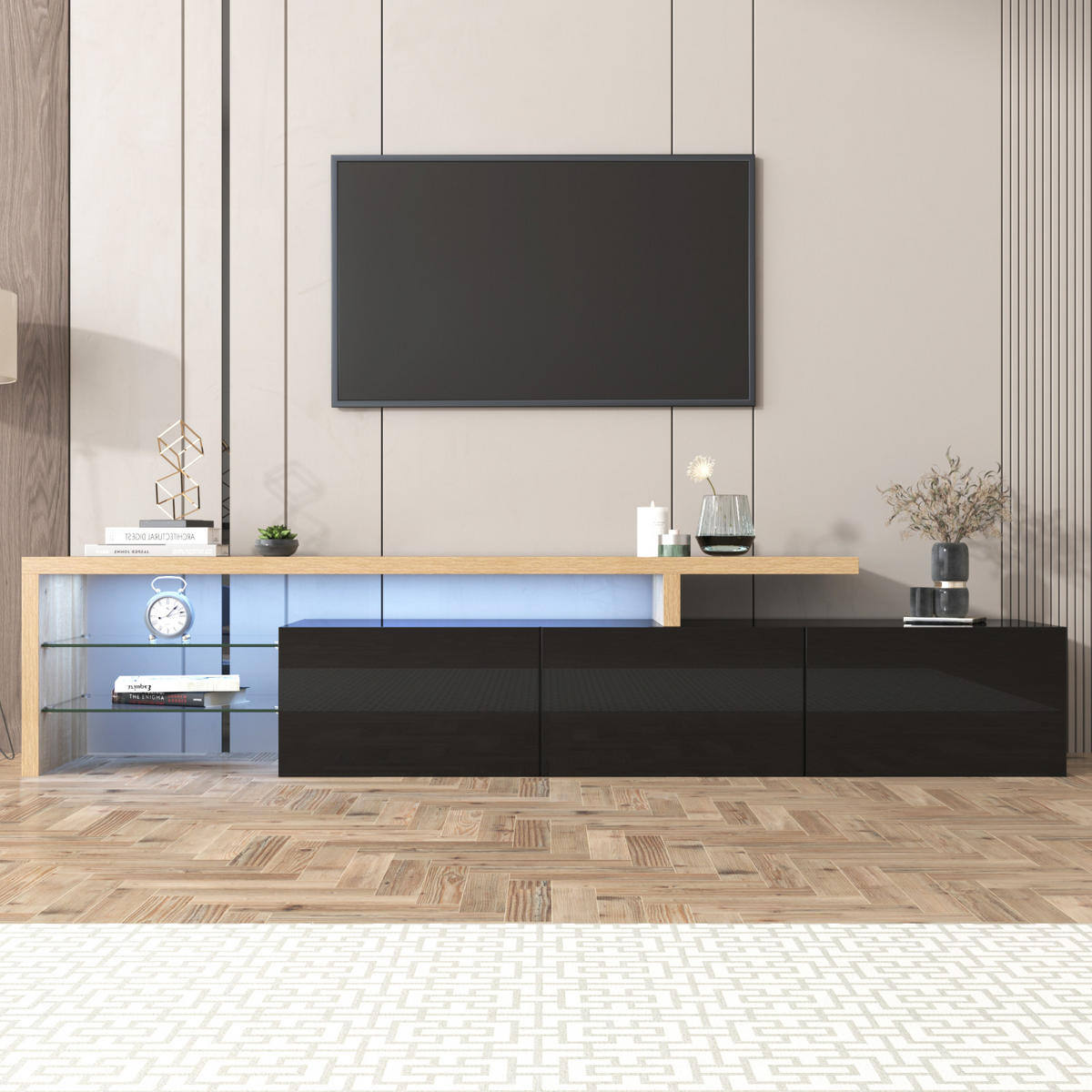TV Lowboard LED, 7 Farben, 3 Türen, Glasregale, Schwarz - Schwarz, Holz (197/42/39cm)