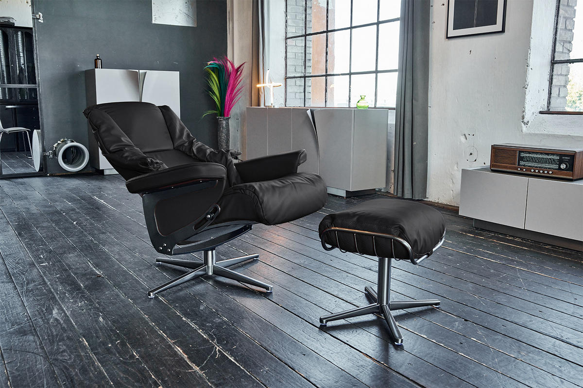 RELAXSESSEL MIT HOCKER MODO Schwarz Leder - Silberfarben/Schwarz, Leder/Metall (81/98/90cm) - KAWOLA
