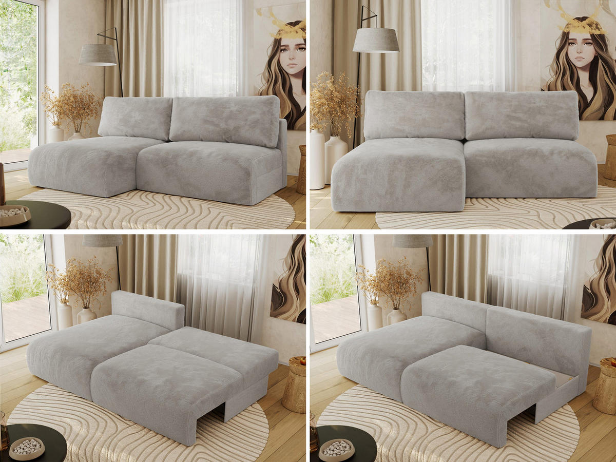ECKSCHLAFSOFA VIVO L Hellgrau Plüsch - links - Hellgrau/Schwarz, Kunststoff/Textil (223/150cm) - MKS