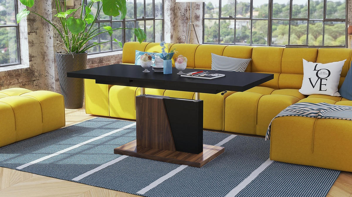 COUCHTISCH rechteckig Schwarz matt Nussbaum ausziehbar höhenverstellbar - Nussbaumfarben/Schwarz, Holzwerkstoff (70/120/60cm) - designimpex