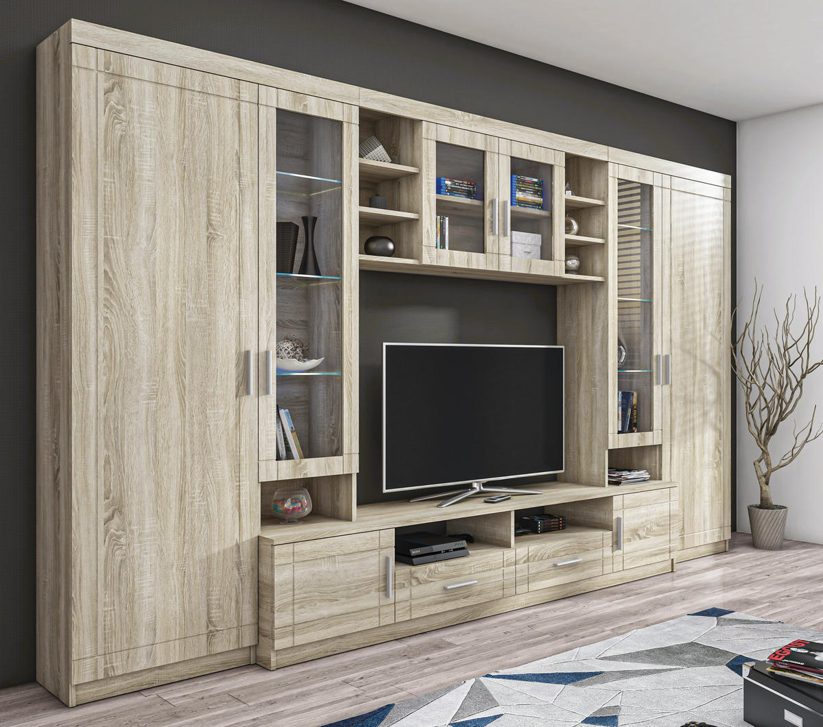 WOHNWAND Parisca Sonoma Eiche 340/198/44 cm Klassische mit viel Stauraum - Beige, Holzwerkstoff/Kunststoff (340/198/44cm) - AX Living