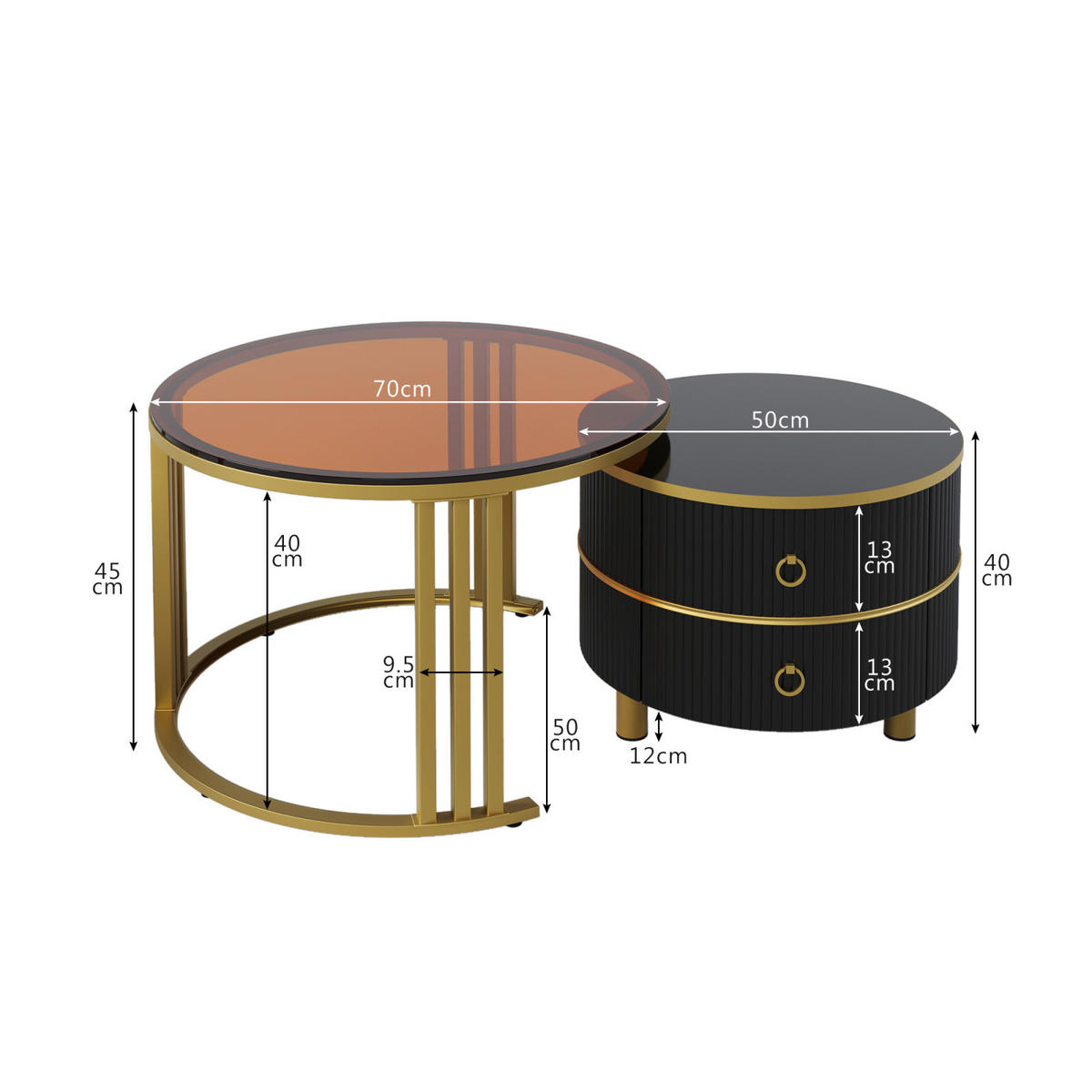 COUCHTISCH Schwarz mit Glasplatte und 2 Schubladen, rund - Schwarz, Metall (70/70/46cm)