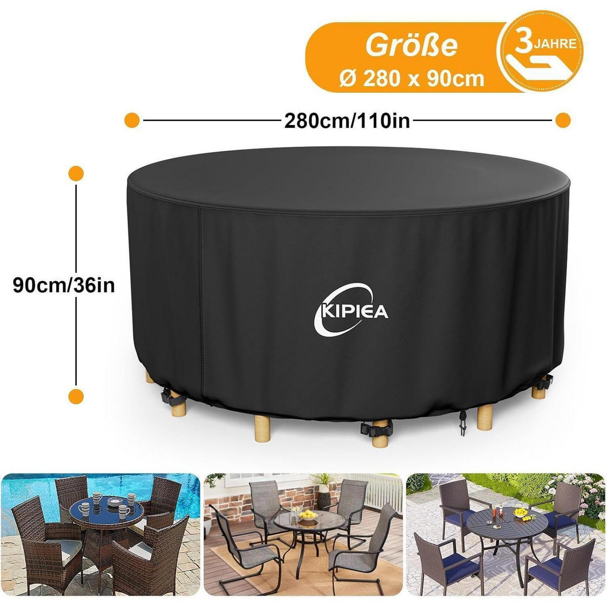 GARTENTISCH Abdeckung Rund Ø 280 cm - Schwarz, Textil (280/90/280cm)