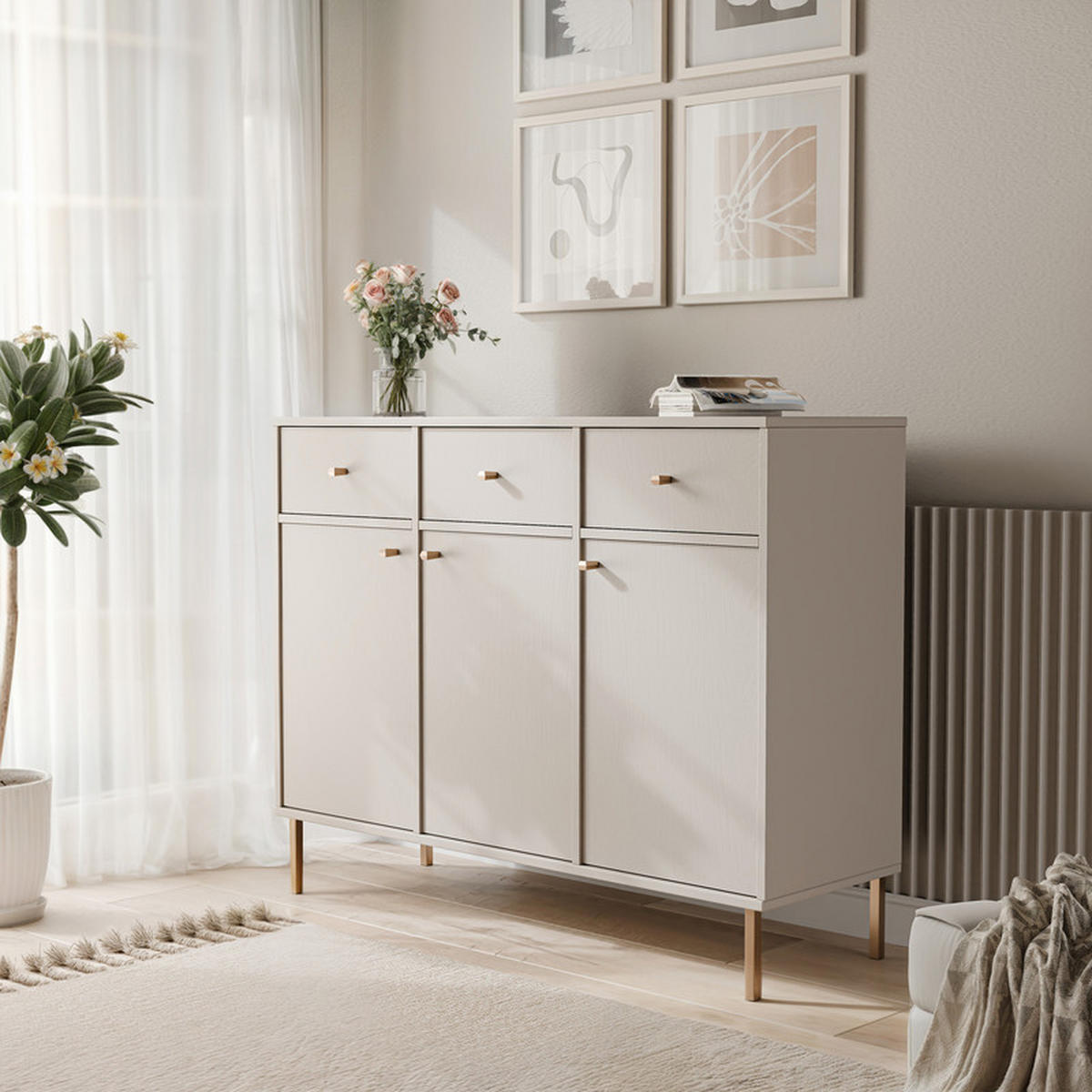 KOMMODE FLOW 124/41/95 cm, 3 Schublade(n), Beige - Beige, Holzwerkstoff/Metall (124.5/95/40.8cm) - Idohome